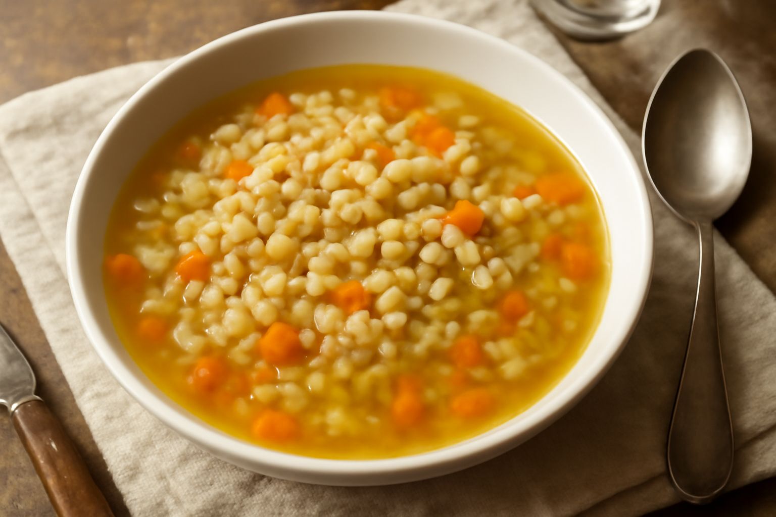 Ciotola di minestra d'orzo fumante con orzo perlato visibile, brodo chiaro color ambra, cubetti di verdure morbide e filo d'olio crudo in superficie, servita in piatto fondo bianco