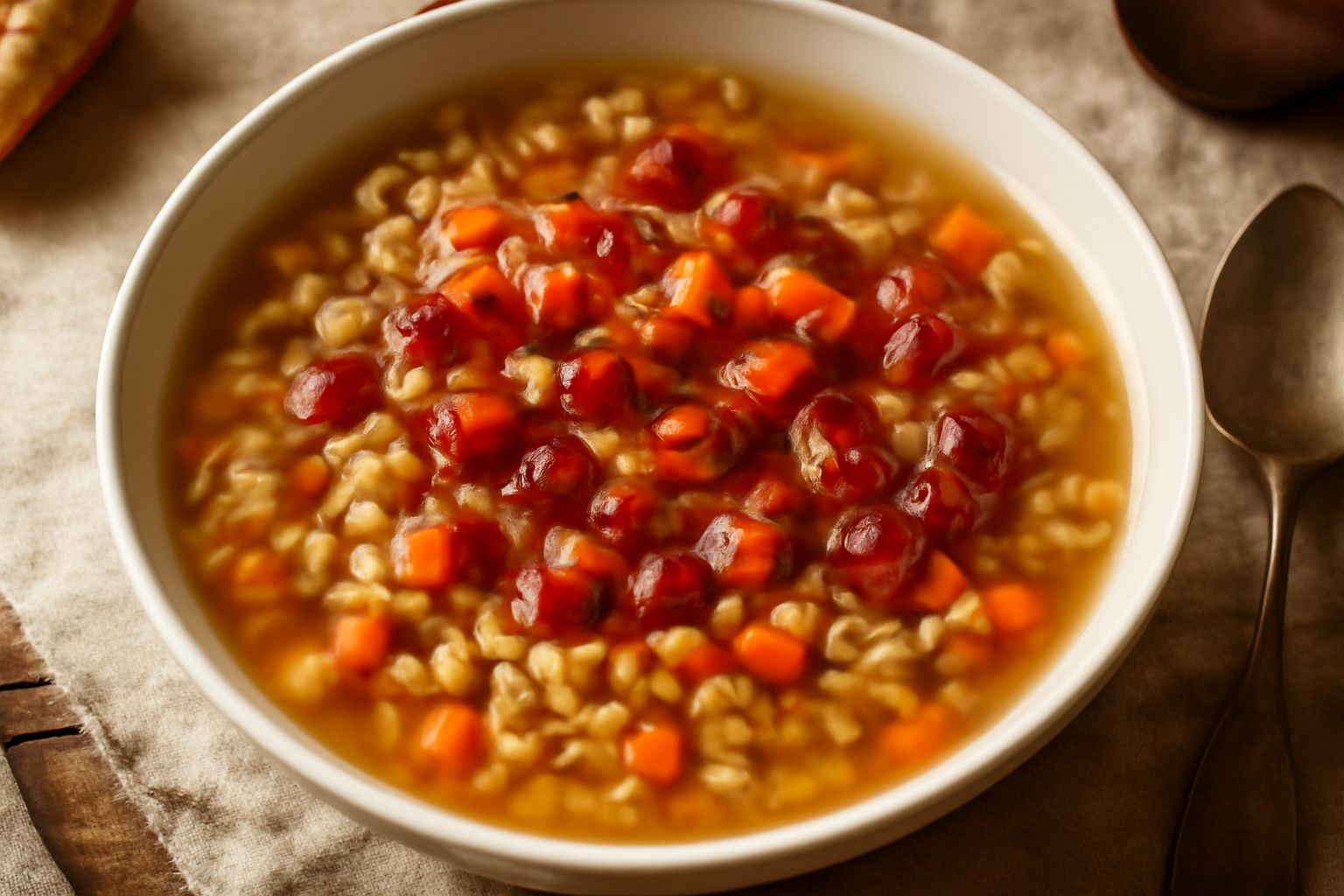 Ciotola di ceramica bianca con minestra d'orzo fumante, cubetti di speck rosso-dorato in superficie, verdure miste visibili nel brodo ambrato, pane tostato a lato