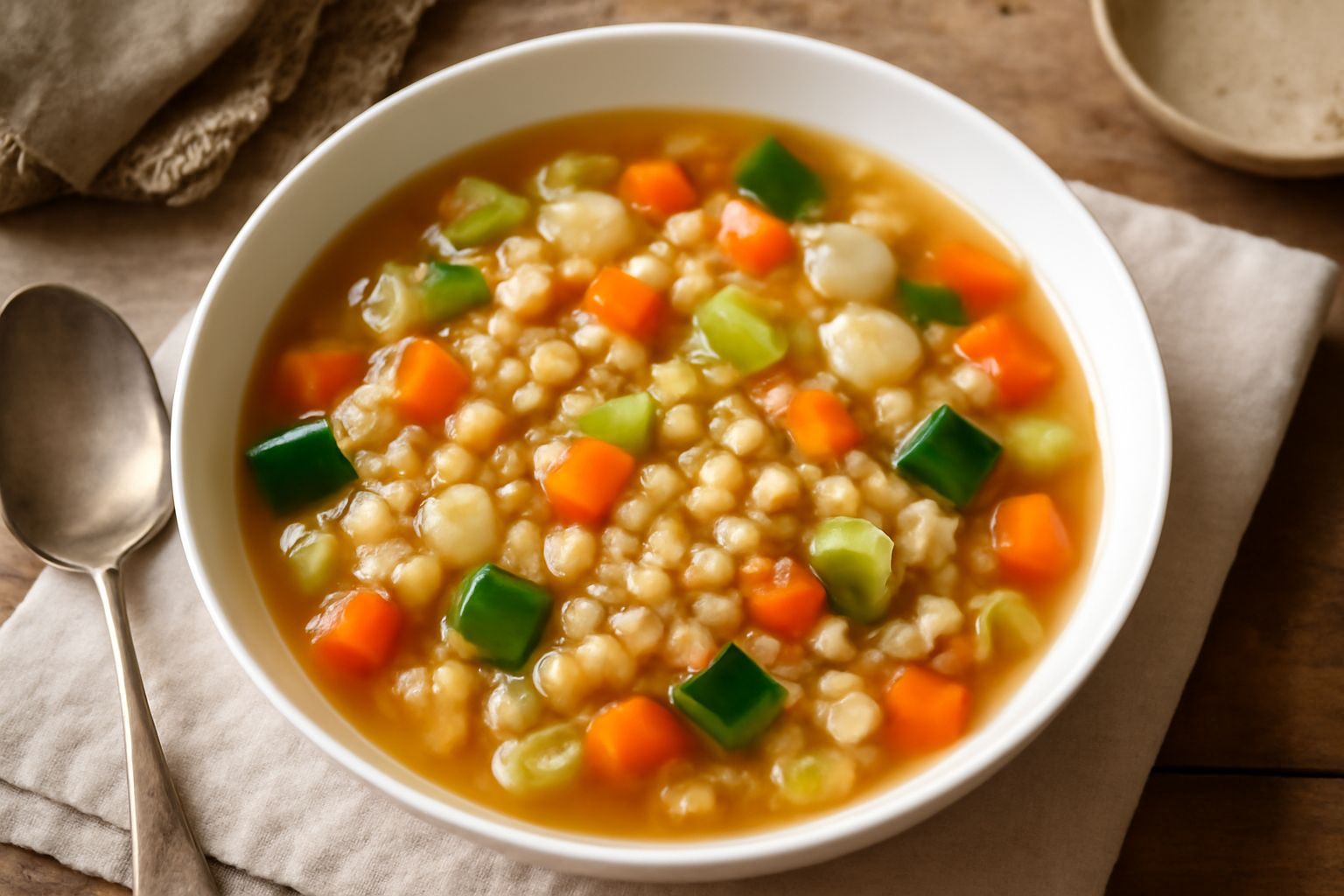 Ciotola bianca di minestra d'orzo fumante con orzo visibile in brodo chiaro, dadini di carota arancione, pezzi di sedano bianco e zucchina verde, un cucchiaio di legno appoggiato sul bordo, tavolo di 