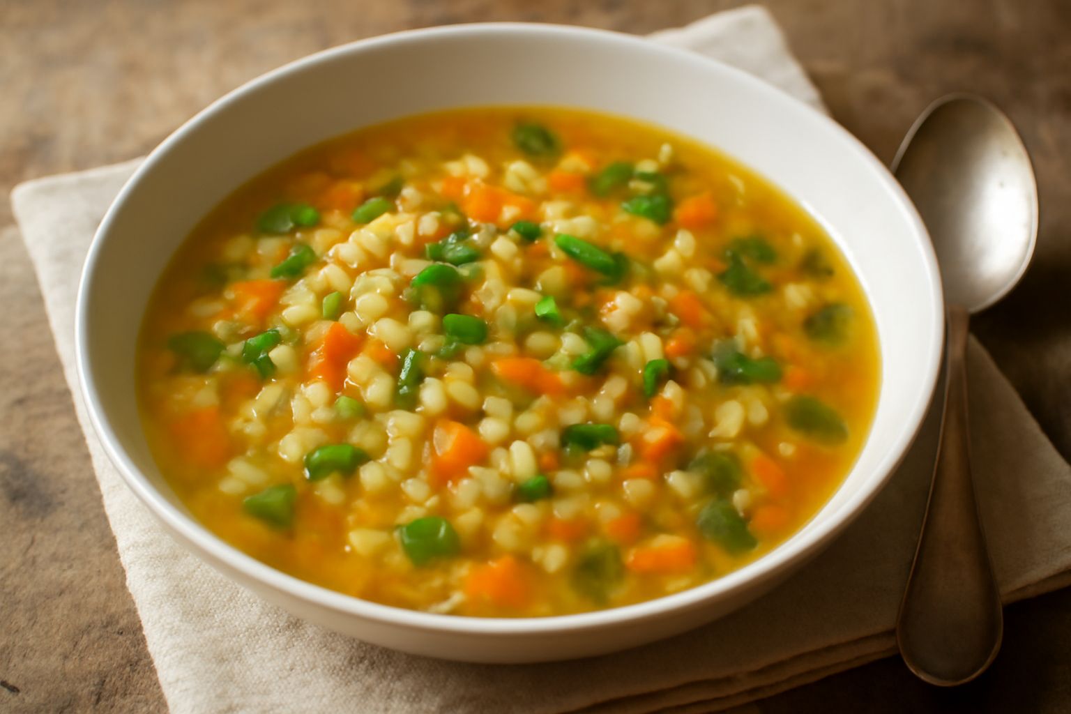 Una ciotola di minestra d'orzo con orzo perlato visibile, zucchine tagliate a dadini, carote arancioni, pomodori rossi, prezzemolo verde fresco sulla superficie, brodo chiaro e dorato, servita in una 