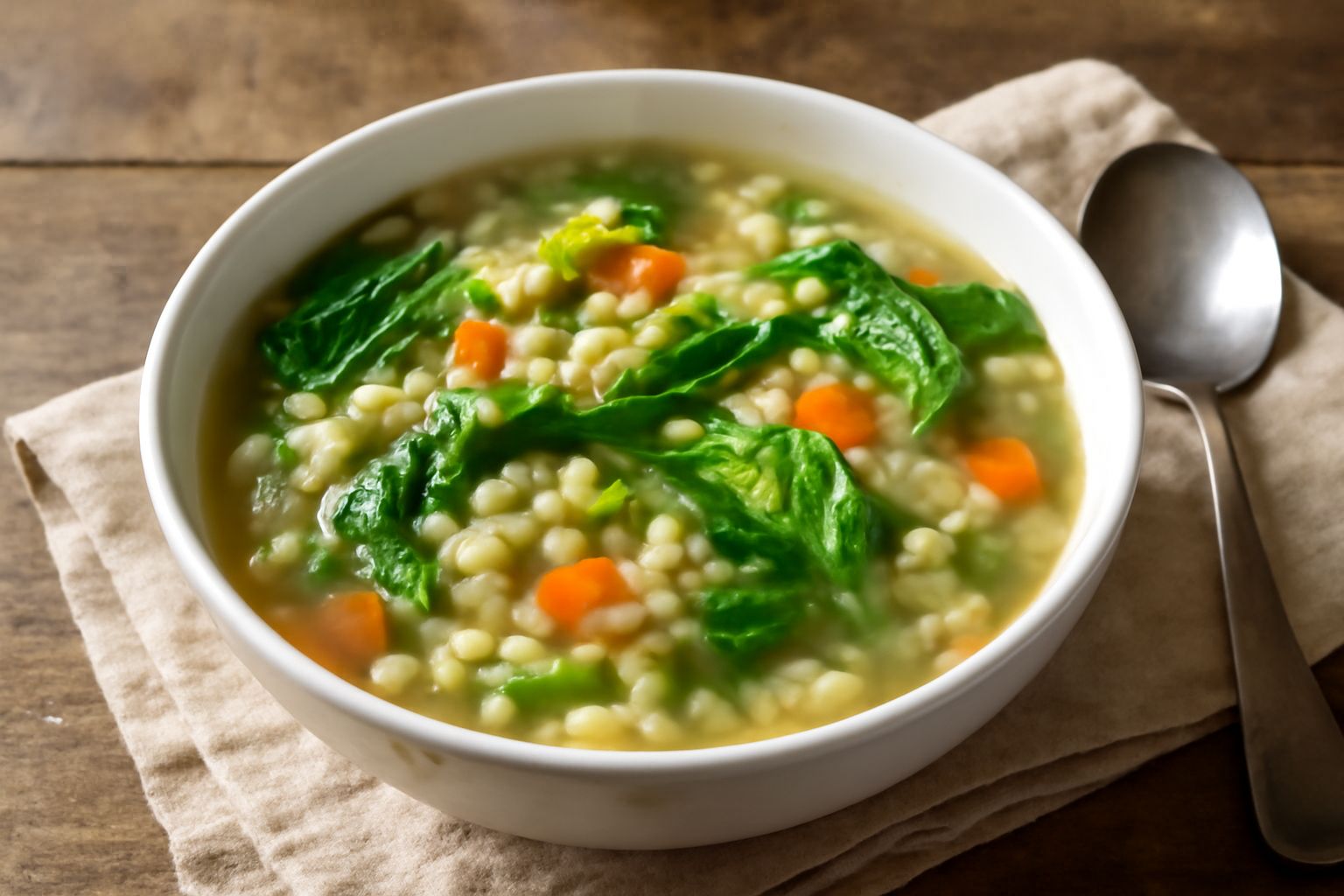 Ciotola di minestra d'orzo e cavolo fumante, con grani d'orzo visibili in un brodo chiaro, cavolo verde tagliato in strisce, servita con cucchiaio in stoviglia bianca su tavolo di legno