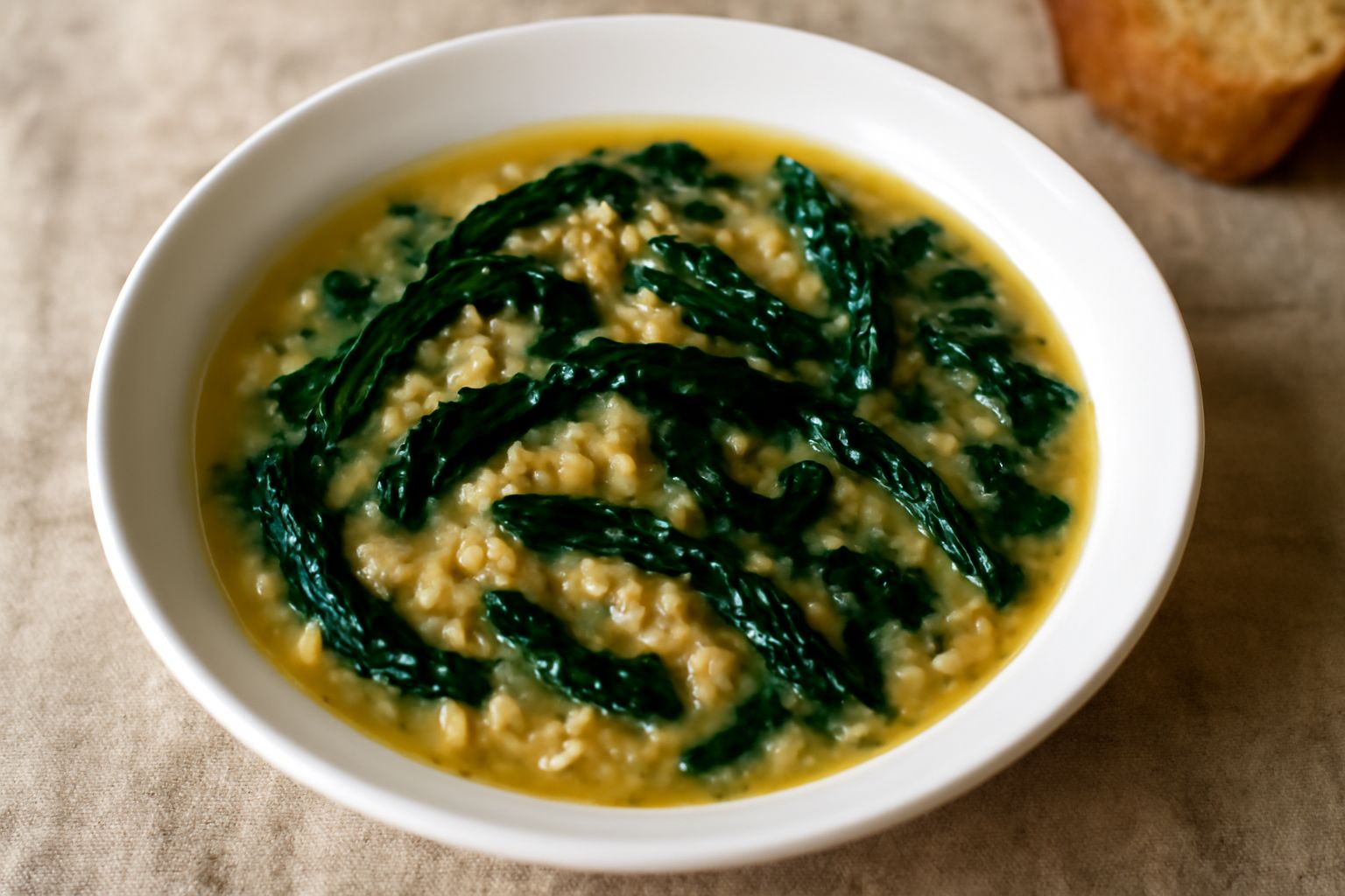 Ciotola di ceramica bianca con minestra d'orzo e cavolo nero: orzo giallognolo immerso in brodo trasparente, foglie di cavolo nero scuro tagliate a striscioline, condimento di olio verde oliva in supe