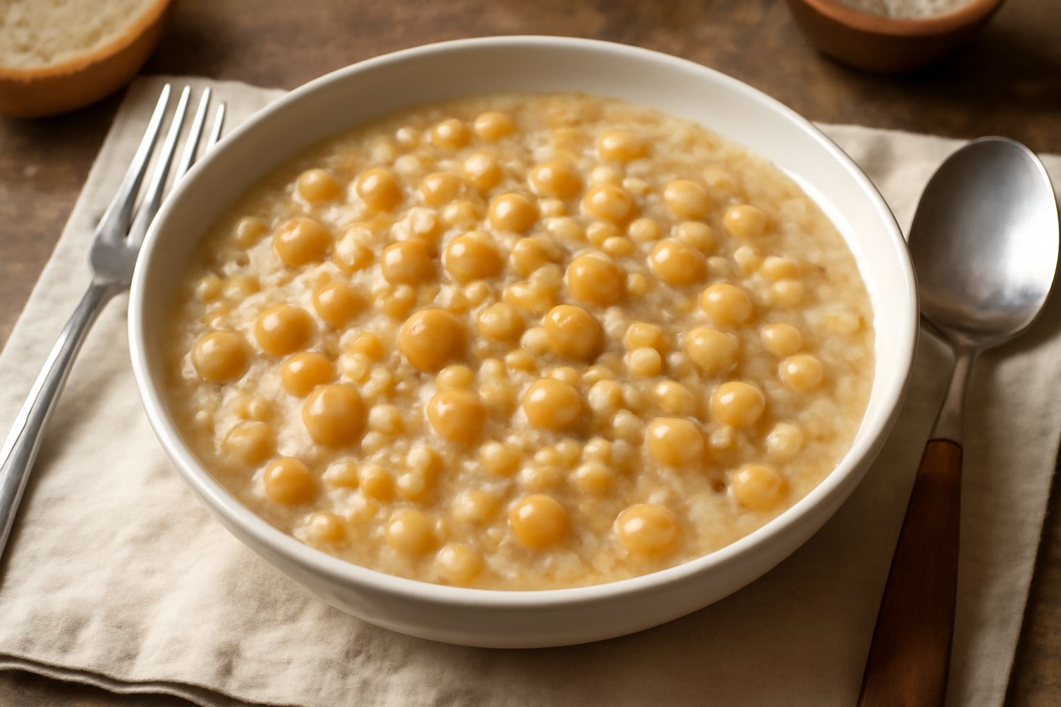 Minestra d'orzo e ceci in una ciotola bianca, con chicchi d'orzo visibili, ceci interi e brodo trasparente, guarnita con prezzemolo fresco, su tavolo di legno