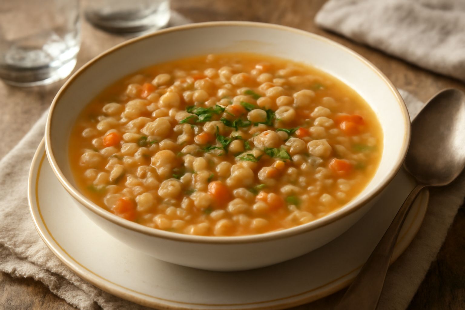 Una ciotola di ceramica bianca riempita di minestra densa con chicchi d'orzo trasparenti, legumi cicerchia di colore marrone chiaro, carota e sedano visibili nel brodo, guarnita con prezzemolo verde f