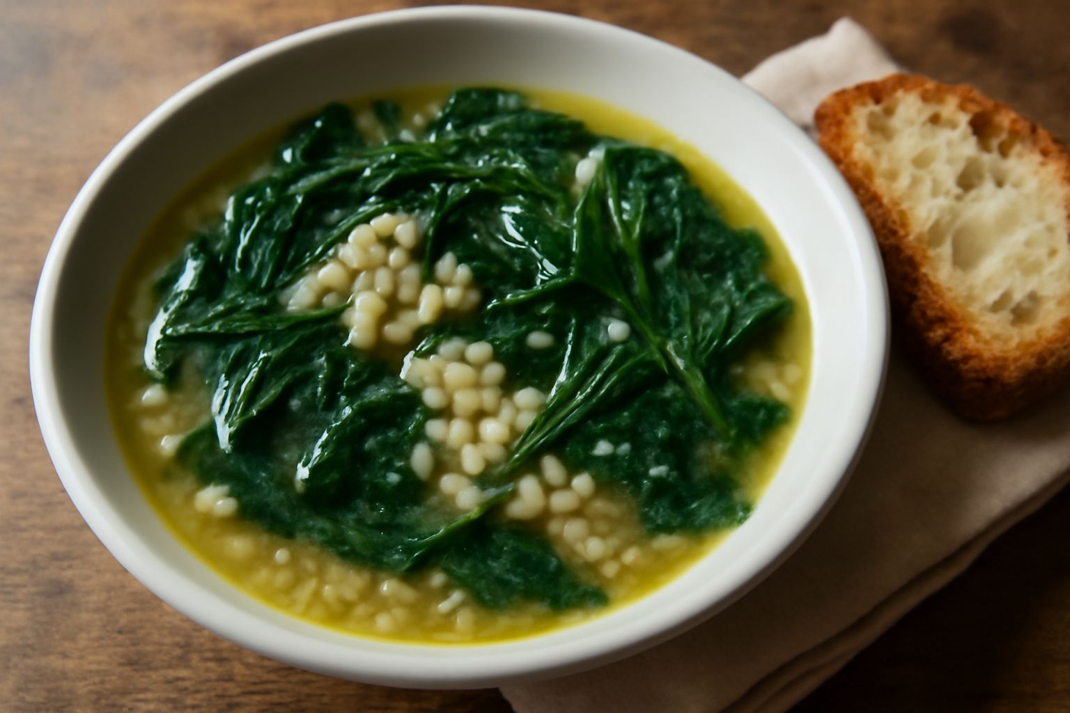 Ciotola bianca con minestra d'orzo e cicoria: orzo tondo e traslucido immerso in brodo chiaro, foglie di cicoria verde scuro in superficie, filo d'olio dorato, pane scuro di fondo sfocato