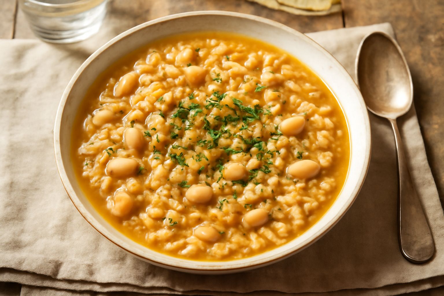 Ciotola di ceramica bianca con minestra d'orzo e fagioli, visibili chicchi d'orzo color ambra e fagioli bianchi in brodo trasparente, completata da un filo d'olio d'oliva in superficie, cucchiaio di l