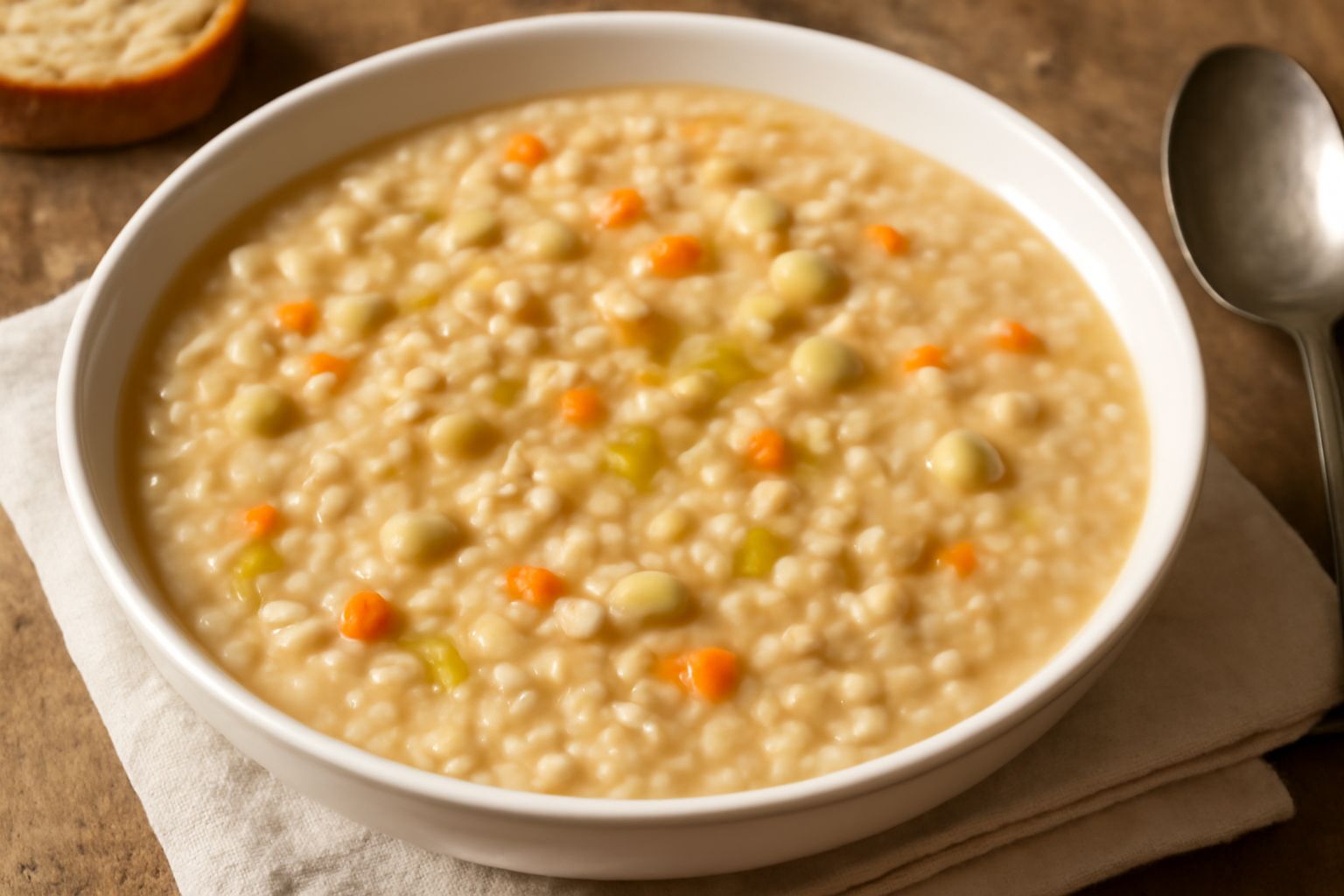Ciotola di minestra d'orzo e fava con grani d'orzo visibili in brodo cremoso beige-marrone, fave morbide, carote arancioni e sedano, guarnita con prezzemolo verde e un filo d'olio in superficie