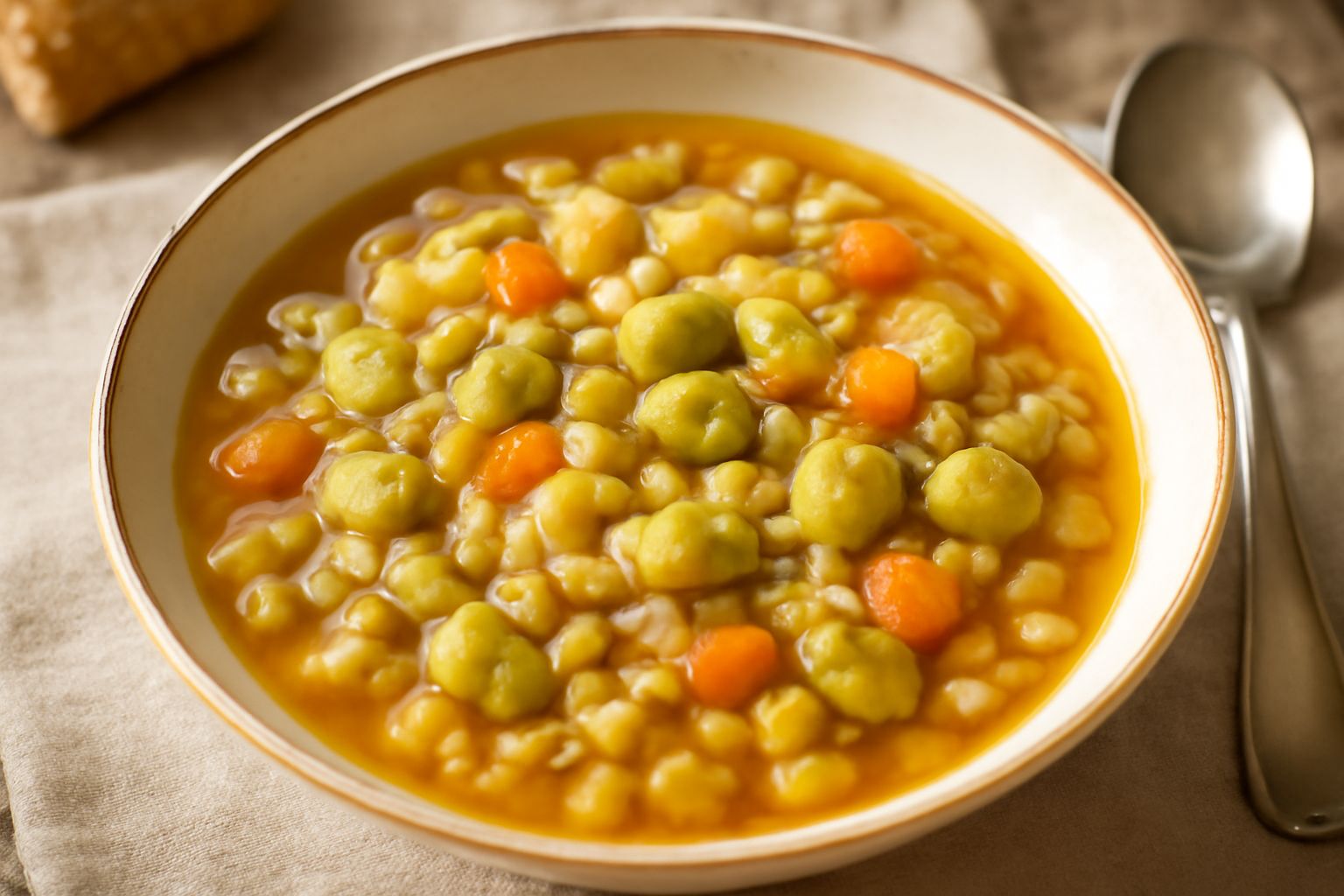 Minestra d'orzo e favette in ciotola bianca, con chicchi d'orzo visibili, favette color nocciola, brodo trasparente leggero, olio d'oliva in filo sulla superficie, prezzemolo fresco tritato, servita s