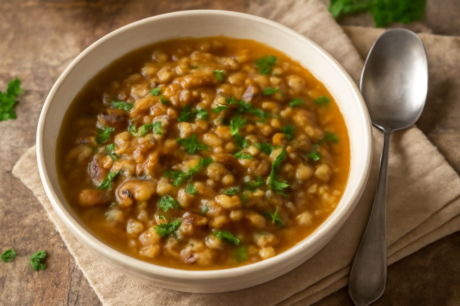 Ciotola di porcellana bianca con minestra d'orzo e funghi, brodo trasparente color ambra, chicchi d'orzo gonfi, fettine di funghi visibili, prezzemolo fresco verde in superficie, cucchiaio di legno ap
