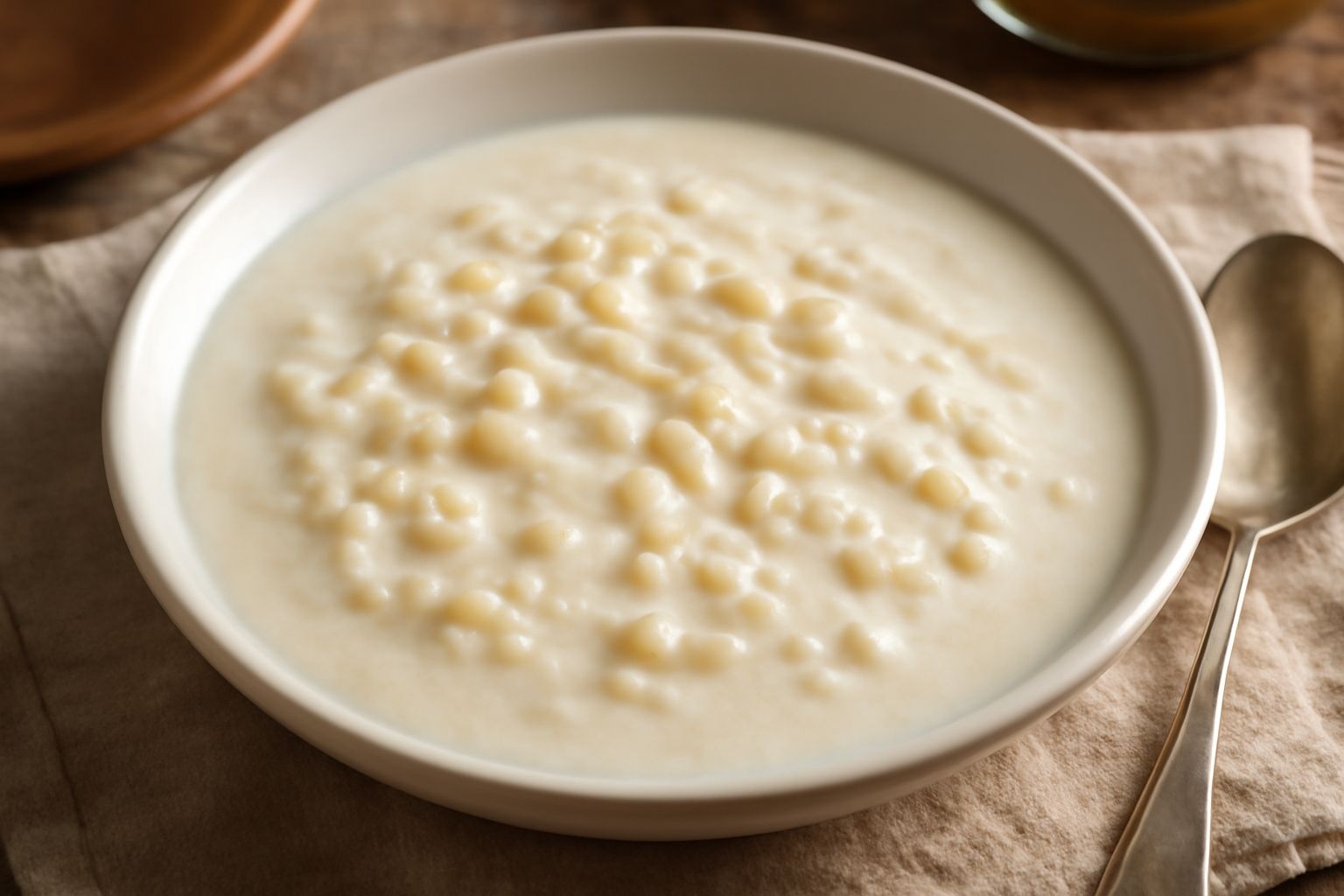 Una ciotola di ceramica bianca contiene minestra d'orzo e latte color avorio, con chicchi d'orzo visibili e vapore leggero, un cucchiaio di legno appoggiato sul bordo, tavolo di legno naturale sullo s