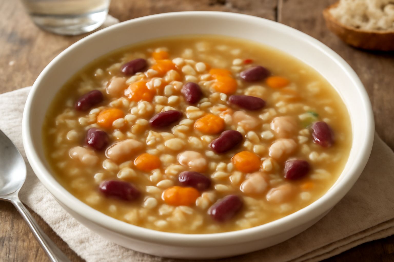 Minestra d'orzo e legumi in ciotola bianca: brodo trasparente beige, chicchi d'orzo turgidi, fagioli rossi e bianchi, carota e sedano visibili, fetta di pane tostato appoggiata al bordo