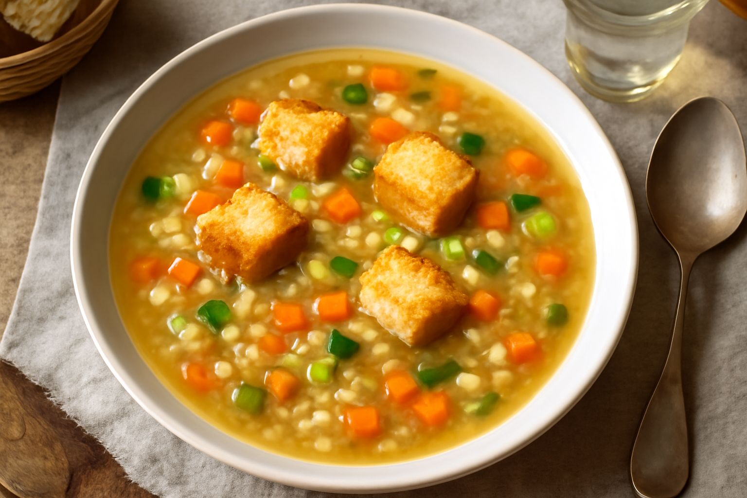 Minestra d'orzo in ciotola bianca con cubetti di pane tostato dorato in superficie, brodo translucido, zucchine e carote morbide, cucchiaio di legno appoggiato sul bordo, tavolo di legno scuro