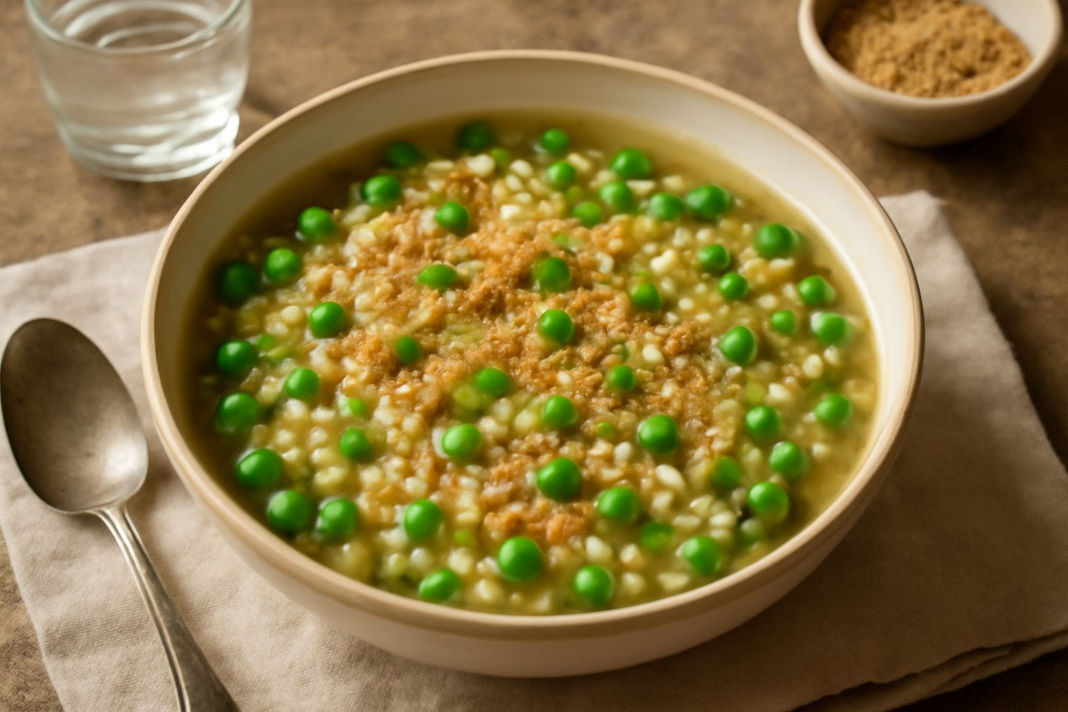 Ciotola di minestra d'orzo e piselli fumante, con orzo perlato dorato, piselli verdi brillanti, brodo trasparente, servita in piatto fondo bianco con cucchiaio, pangrattato tostato in superficie