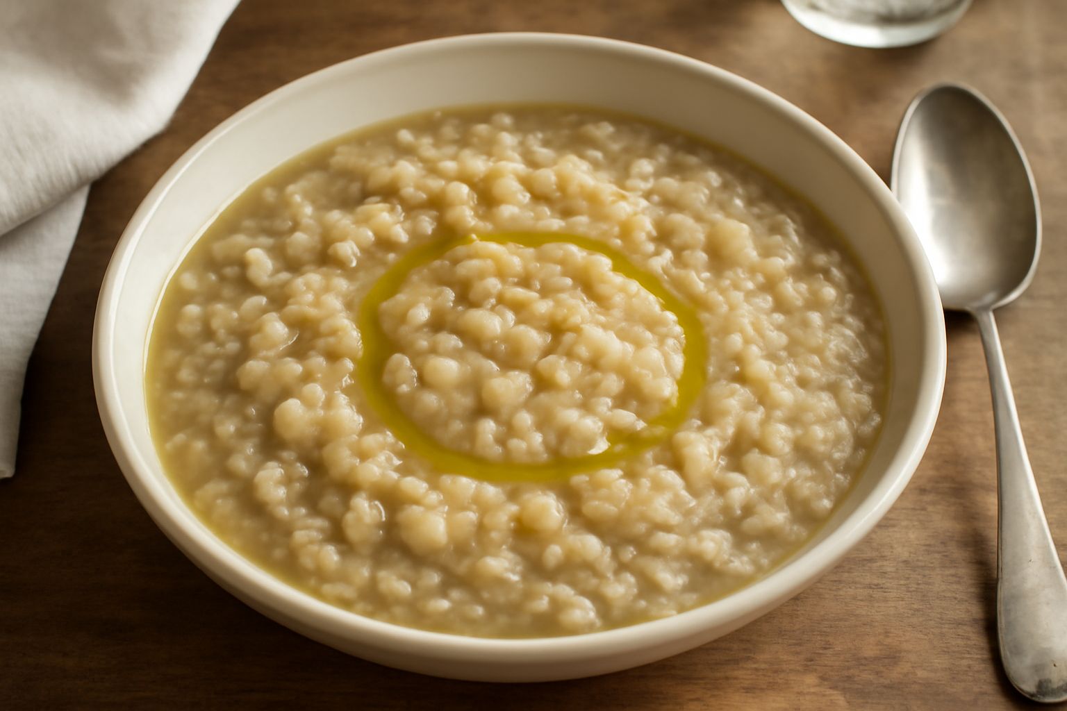 Una ciotola di minestra d'orzo e rape color crema con orzo visibile e pezzi di rapa morbida, servita in una scodella bianca su sfondo di cucina rustica, accompagnata da un cucchiaio di legno e olio d'