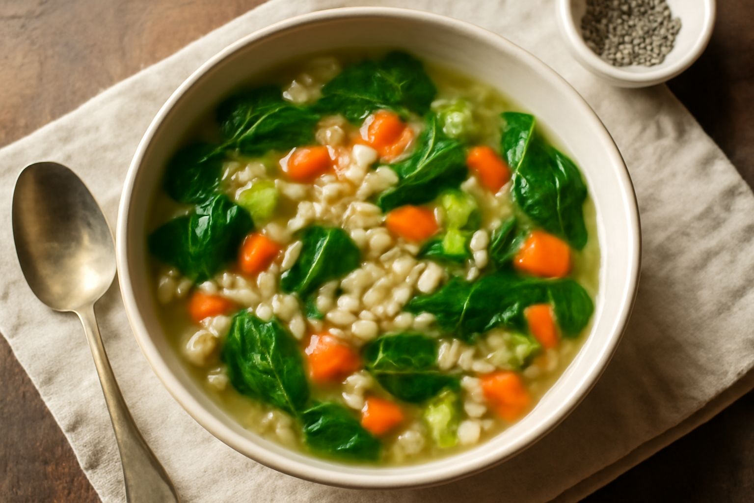 Minestra d'orzo in ciotola bianca con chicchi di orzo visibili, carote arancioni, sedano e spinaci verdi in un brodo trasparente, con cucchiaio di legno a lato