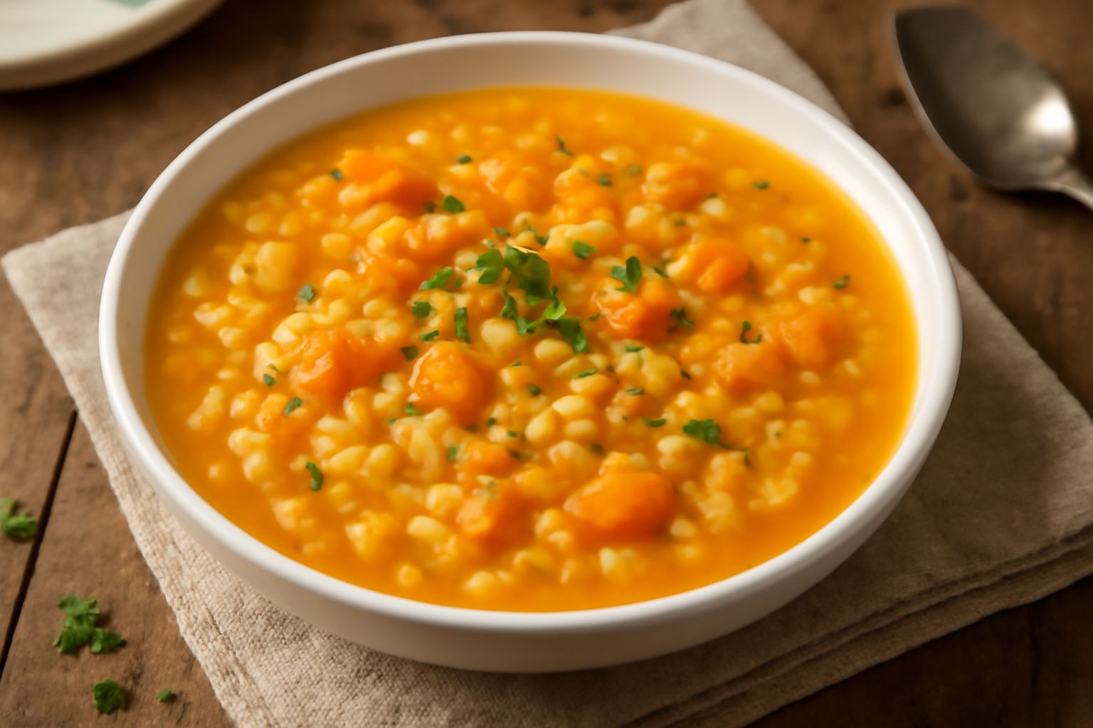 Una ciotola bianca di minestra d'orzo e zucca con cremosità giallo-arancione, chicchi d'orzo visibili, superficie liscia e brillante, olio d'oliva verde in striscia, pane tostato ai bordi