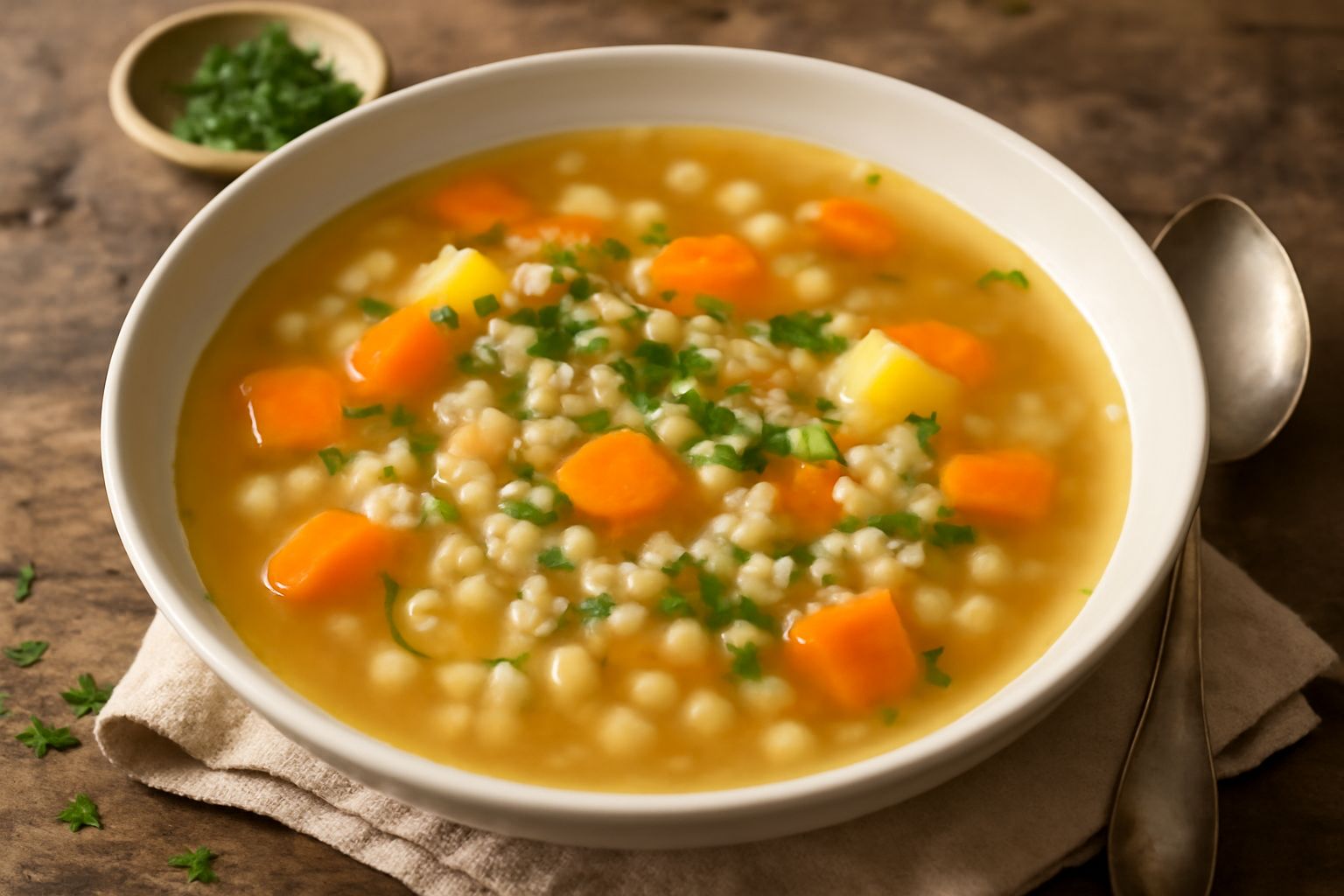 Minestra d'orzo perlato in ciotola di ceramica bianca con brodo trasparente, chicchi d'orzo visibili, pezzi di carota arancione, sedano e prezzemolo fresco sopra, cucchiaio di legno sul bordo