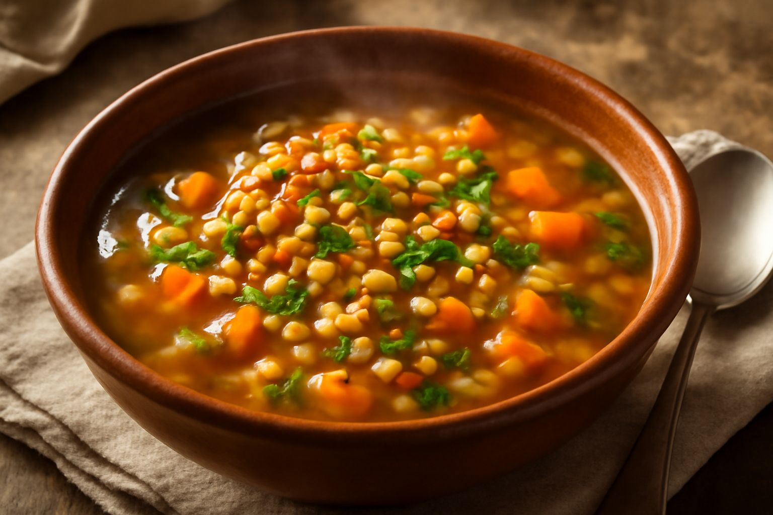 Ciotola di ceramica bianca con minestra d'orzo tostato: chicchi d'orzo dorati e morbidi in brodo trasparente, carote arancioni, sedano verde, prezzemolo fresco sparso in superficie, cucchiaio di legno
