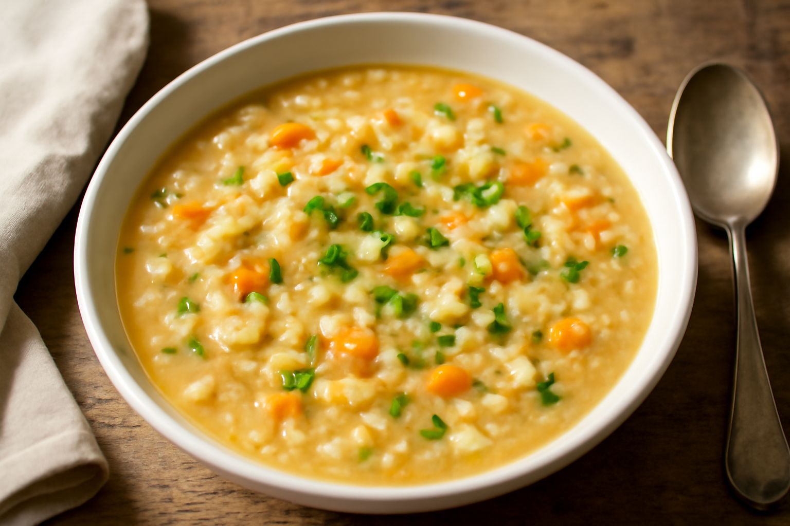 Minestra d'orzotto servita in una ciotola fonda bianca, color avorio dorato, con visibili granelli d'orzo morbidi e cremosi, verdure finemente tagliate, vapore leggero che sale, goccia d'olio verde in