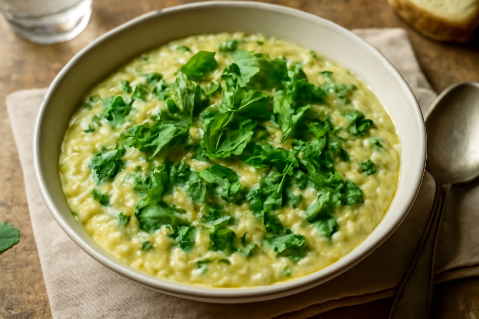 Una ciotola di minestra d'orzotto color giallo avorio, cremosa, con verdure verdi mescolate, rucola e prezzemolo fresco sparsi in superficie, servita in un piatto bianco fondo con cucchiaio di legno