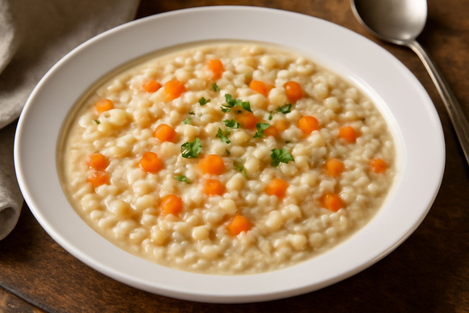Ciotola di minestra d'orzotto tirolese con orzo cremoso, dadini di carota e sedano, cipolla caramellata, brodo ricco; guarnita con prezzemolo fresco tritato, servita in stoviglia bianca fonda su tavol