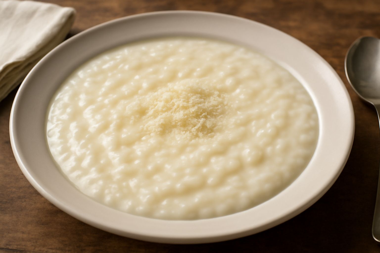 Una ciotola di minestra d'riso cremosa di colore bianco-avorio, con chicchi di riso visibili nella consistenza densa, guarnita con gocce di burro fuso e parmigiano grattugiato, servita in piatto bianc