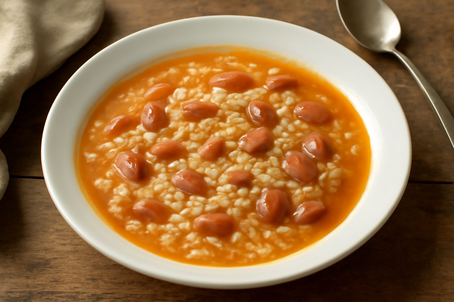 Minestra di riso e fagioli in ciotola bianca con brodo trasparente, riso bianco e fagioli rossi visibili, filo d'olio extravergine verde sulla superficie, cucchiaio di legno