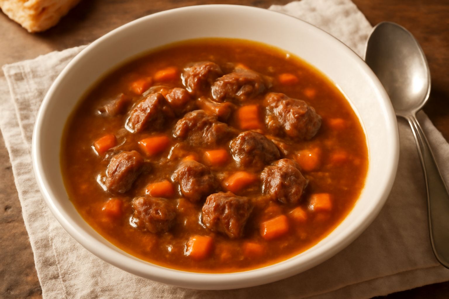 Una ciotola bianca con minestra d'umido: brodo ricco color marrone, pezzi di carne morbida, carote tagliate, sedano e prezzemolo fresco sopra, vapore leggero, cucchiaio in acciaio inossidabile dentro