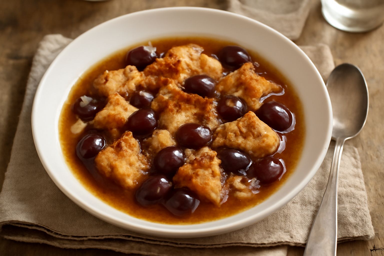 Una ciotola di minestra d'uva e pane, con cubetti di pane tostato dorati, chicchi d'uva neri e rossi, cannella spolverata in superficie, brodo dolce visibile tra i pezzi, servita in piatto bianco fond