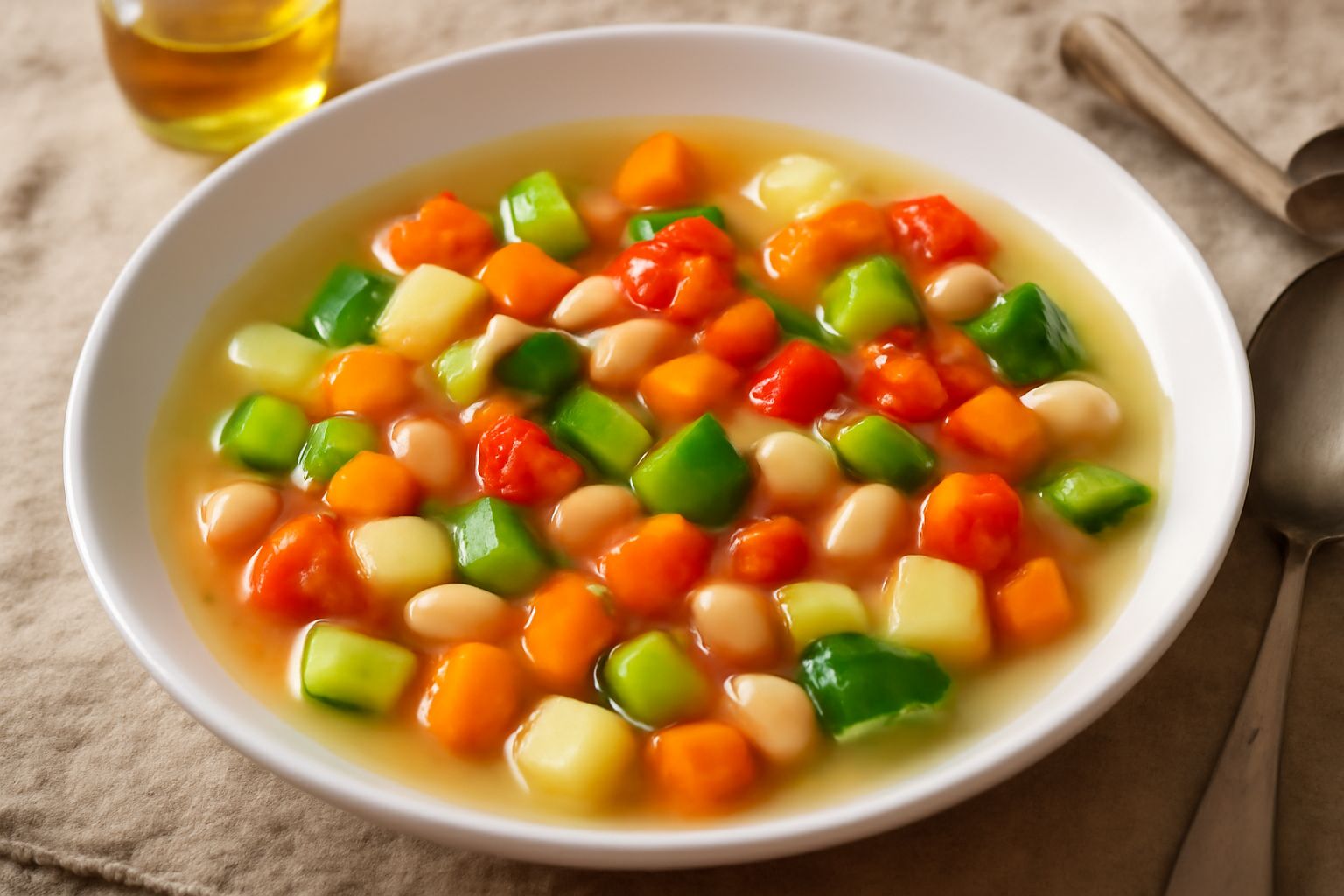 Minestra d'verdura servita in ciotola bianca, con zucchine, carote, patate e fagioli in brodo trasparente, fettina di limone sul bordo, cucchiaio di metallo, sfondo cucina naturale