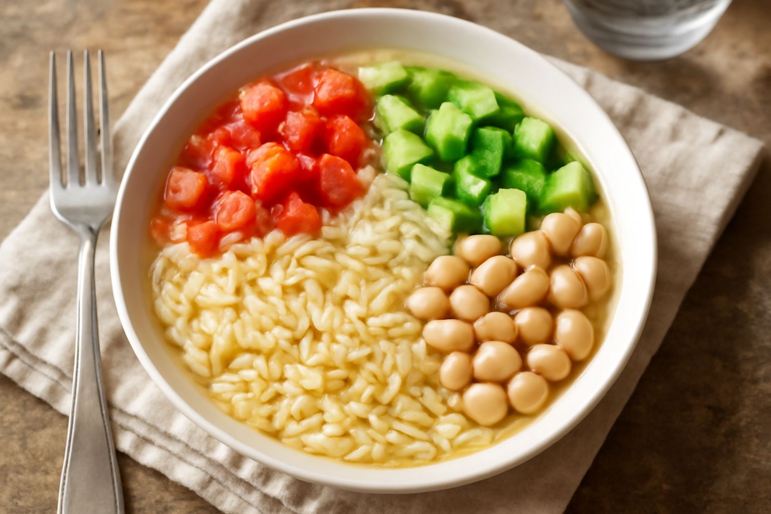 Ciotola di minestra fredda con pasta colorata, pomodori rossi tagliati, cetrioli verdi, fagioli chiari, cipolla bianca affettata sottile, olio d'oliva visibile sulla superficie, guarnito con prezzemol
