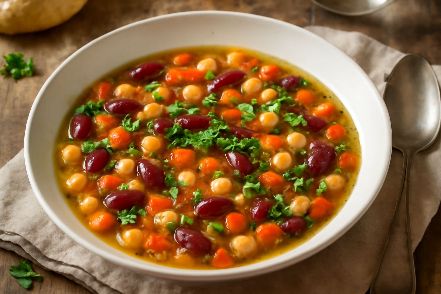 Minestra fredda di legumi servita in una ciotola bianca con fagioli rossi e ceci visibili, cubetti di pomodoro, sedano e prezzemolo fresco, condita con olio verdastro, su un tavolo estivo con tovaglia