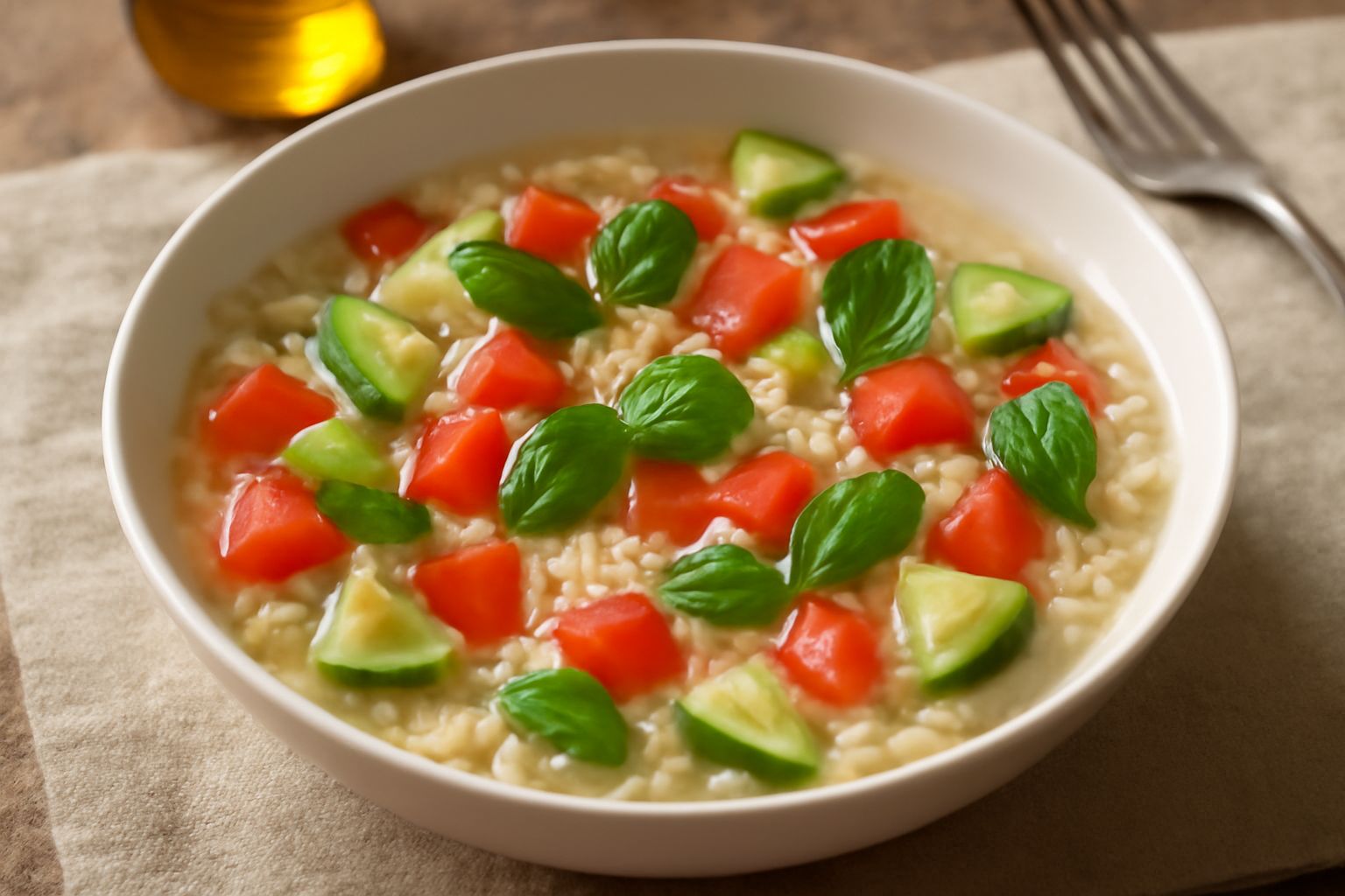 Minestra fredda di riso servita in ciotola bianca: riso bianco brillante con cubetti di pomodoro rosso, cetriolo verde, foglie di basilico, brodo trasparente e gocce di olio d'oliva in superficie