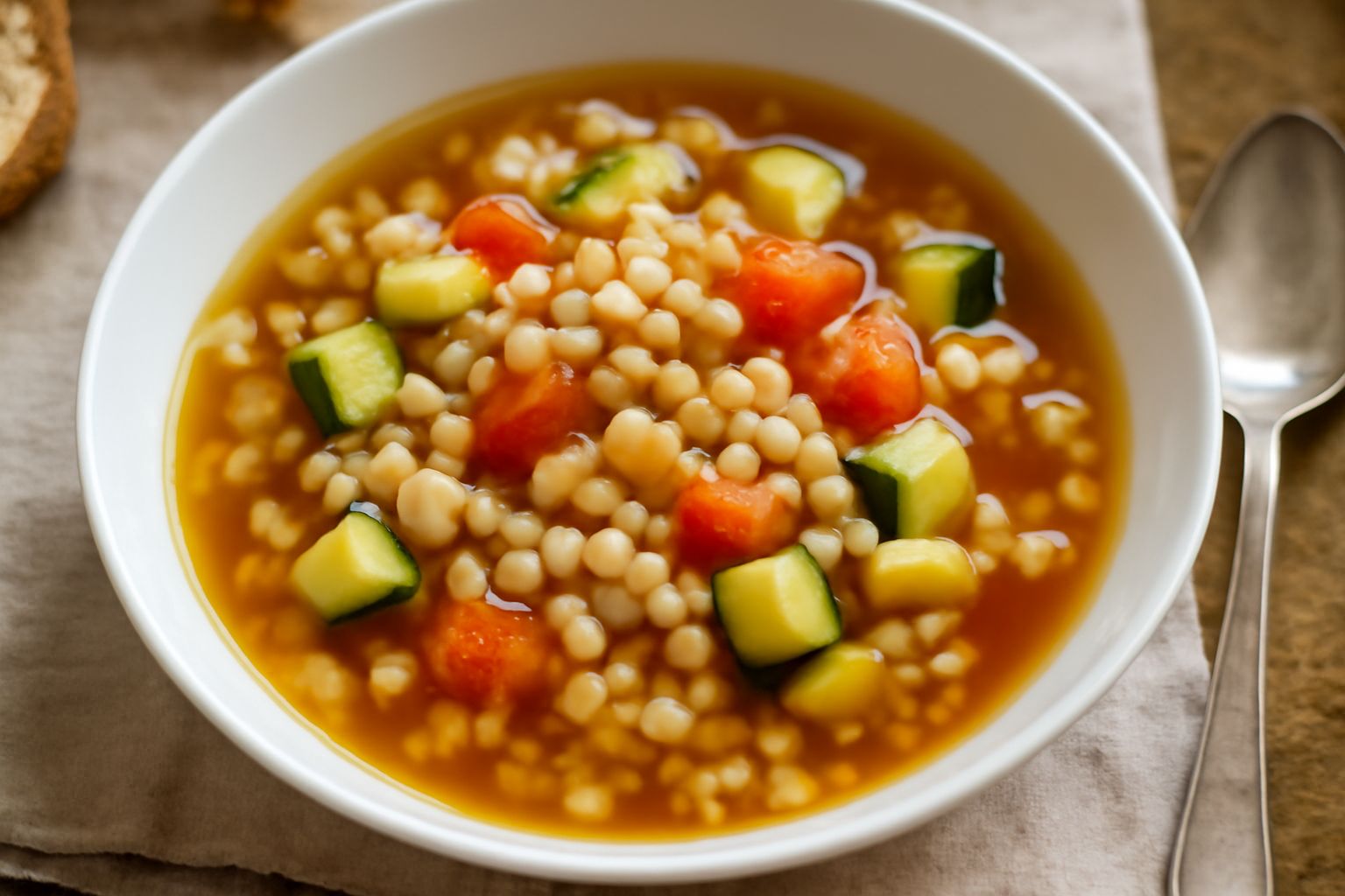 Ciotola bianca con minestra fredda d'orzo: chicchi d'orzo perlato color avorio, dadi di zucchina e pomodoro rosso, base di brodo trasparente, guarnita con basilico verde fresco e filo d'olio