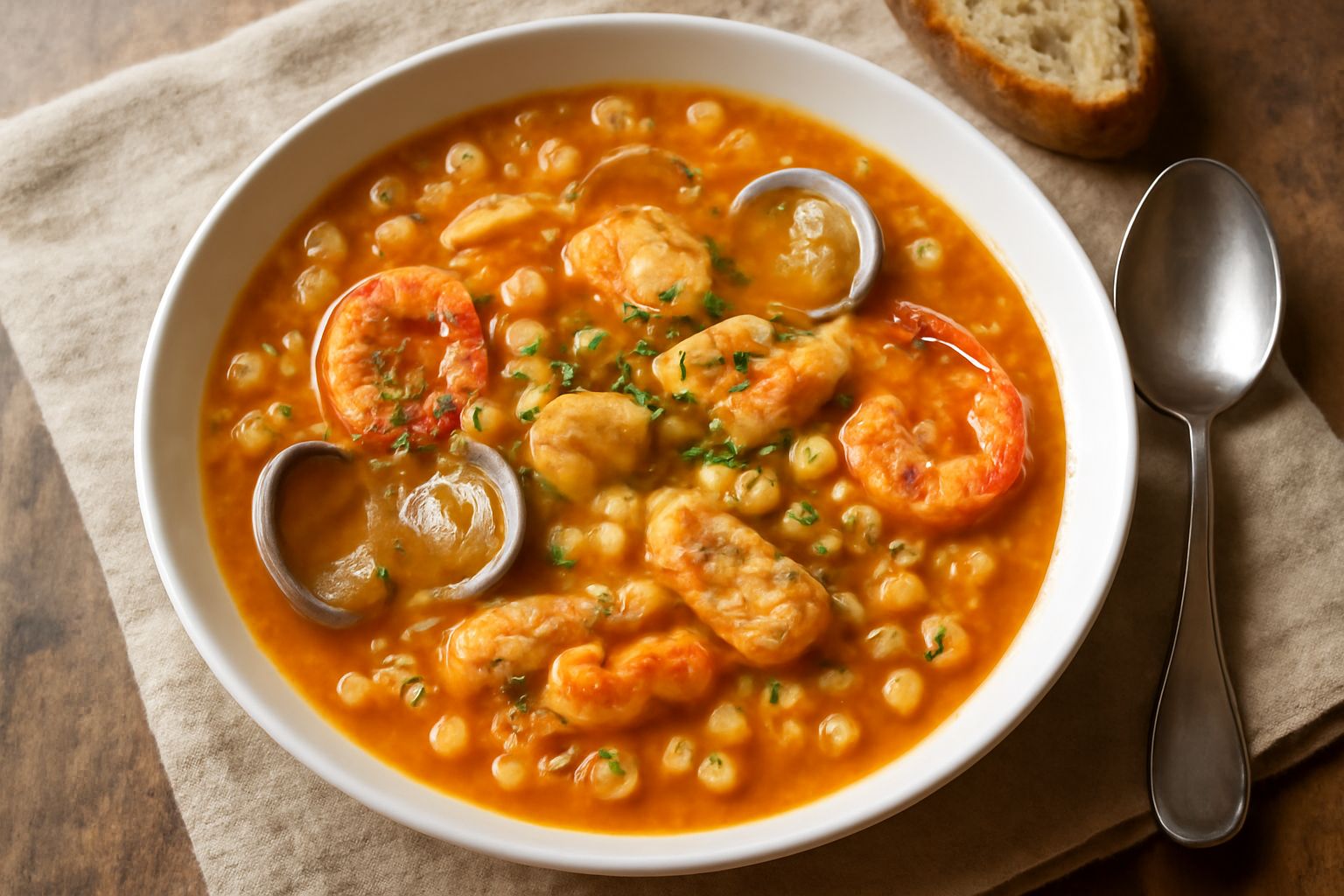 Minestra marina in ciotola bianca con cozze nere, vongole, brodo trasparente, carota e sedano visibili, cucchiaio di legno sul bordo