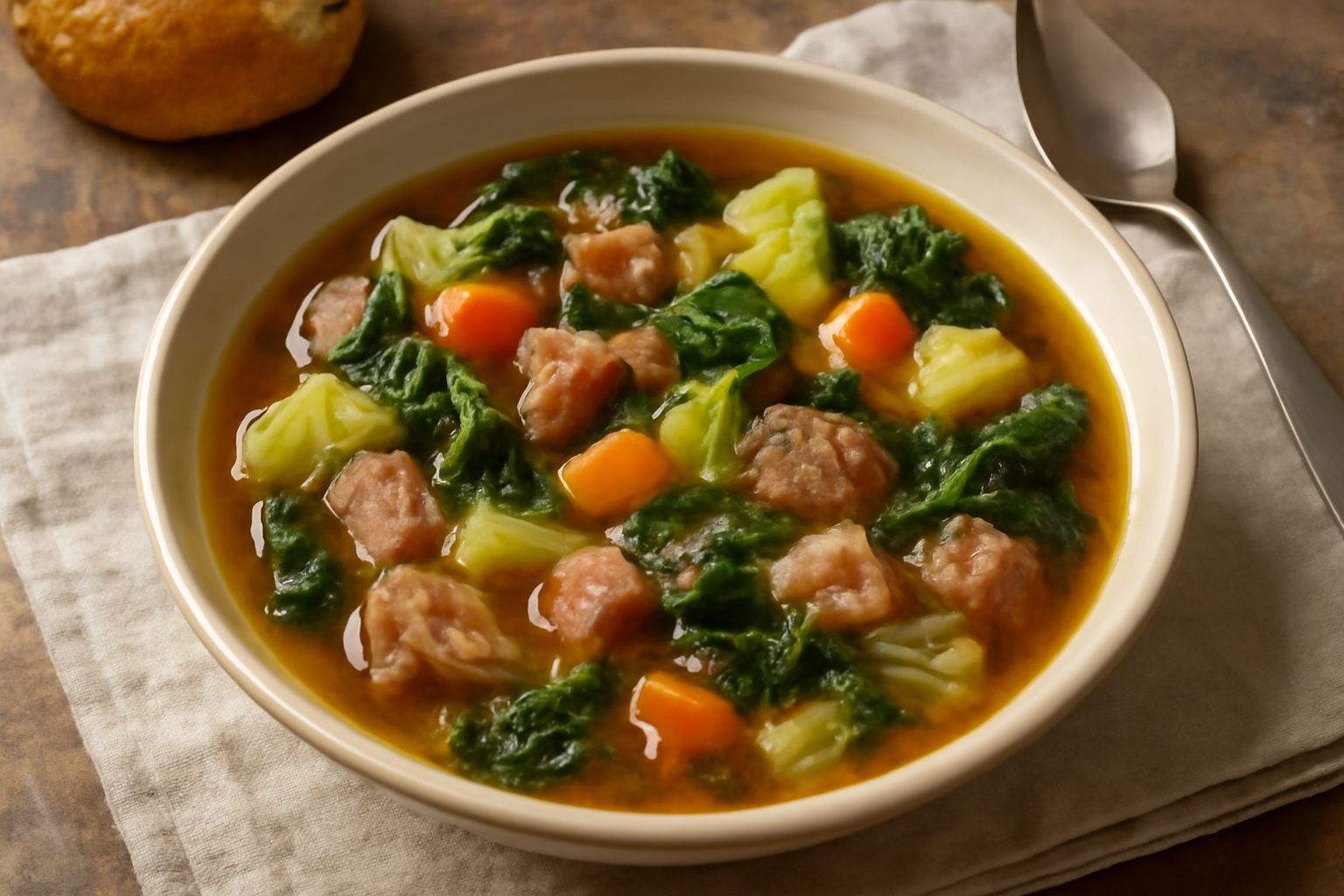 Una zuppiera di ceramica bianca piena di minestra maritata: brodo trasparente ambrato, verdure tagliate a pezzi regolari tra cui cavolo verde, scarola, cicoria, carote arancioni e sedano, pezzetti di 