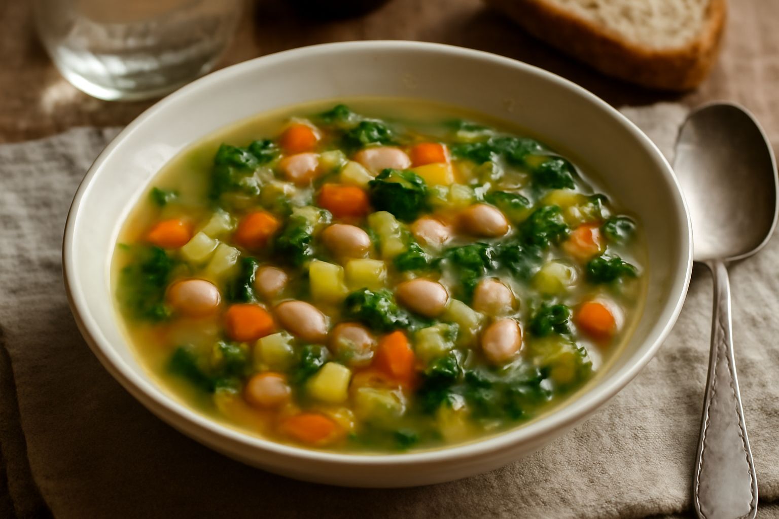 Una ciotola bianca con minestra maritata povera: verdure miste verdi e gialle, fagioli marroni e chiari, brodo trasparente, cucchiaio di legno appoggiato al bordo, su un tovagliolo di lino color panna