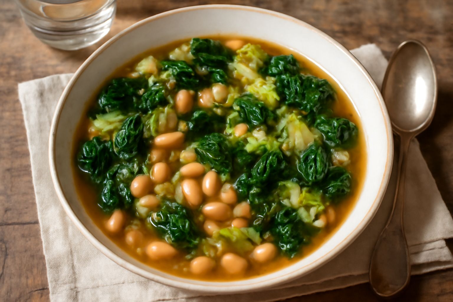 Ciotola di ceramica bianca con minestra maritata: brodo trasparente color oro, verdure verdi e bianche tagliate, fagioli e ceci visibili, prezzemolo fresco sulla superficie, vapore leggero
