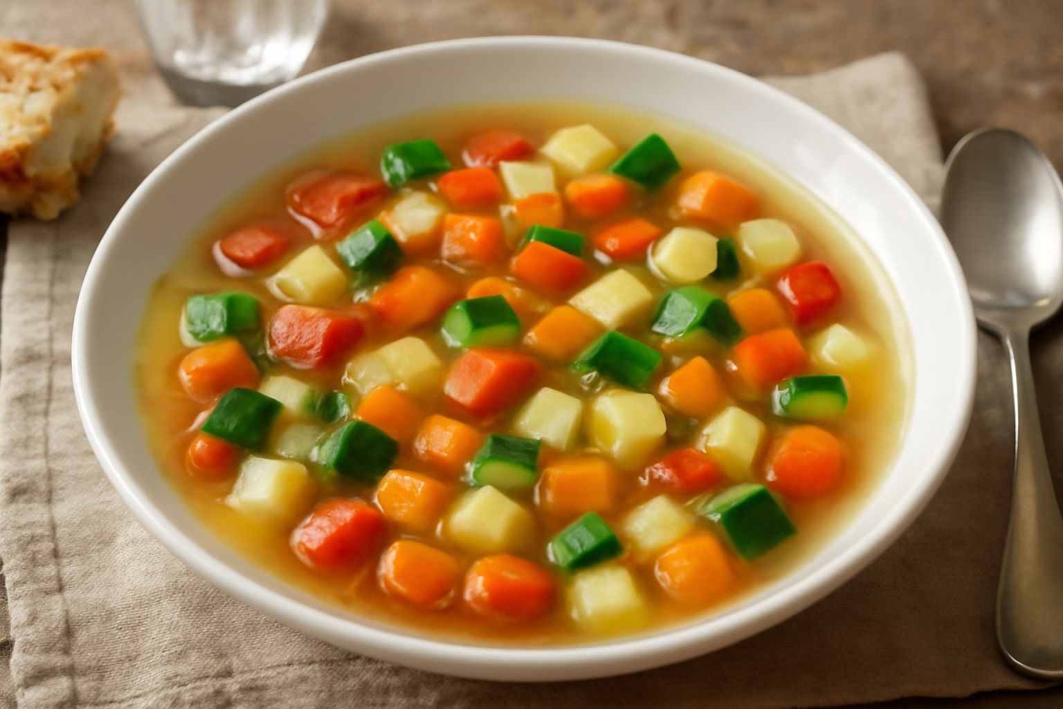 Ciotola di minestra d'ortaggi con verdure colorate galleggianti nel brodo trasparente, pomodori rossi e zucchine verdi ben visibili, servita in piatto fondo bianco con cucchiaio
