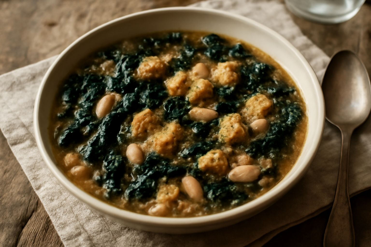 Minestra povera in una ciotola bianca: brodo scuro con cavolo nero, fagioli bianchi, pezzi di pane tostato e gocce di olio verde in superficie, contorno di cucchiaio in legno