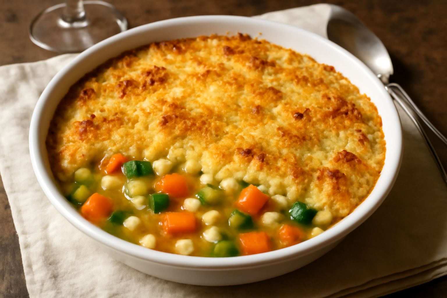 Minestra salata gratinata in piatto bianco fondo, con superficie dorata e croccante di formaggio e pangrattato, verdure visibili sotto, contorno di brodo leggero, guarnizione di prezzemolo fresco