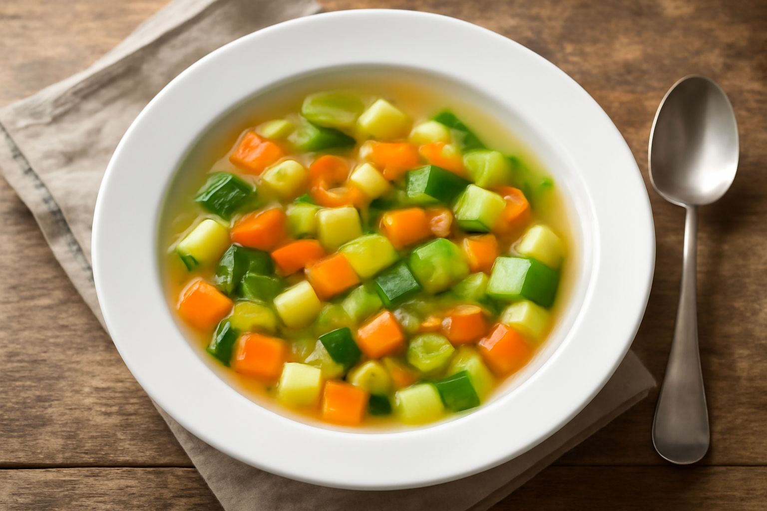 Minestra in ciotola bianca con brodo trasparente, verdure miste tagliate a dadini, zucchine verdi, carote arancioni, patate chiare, sedano, prezzemolo fresco verde sulla superficie, cucchiaio in ceram