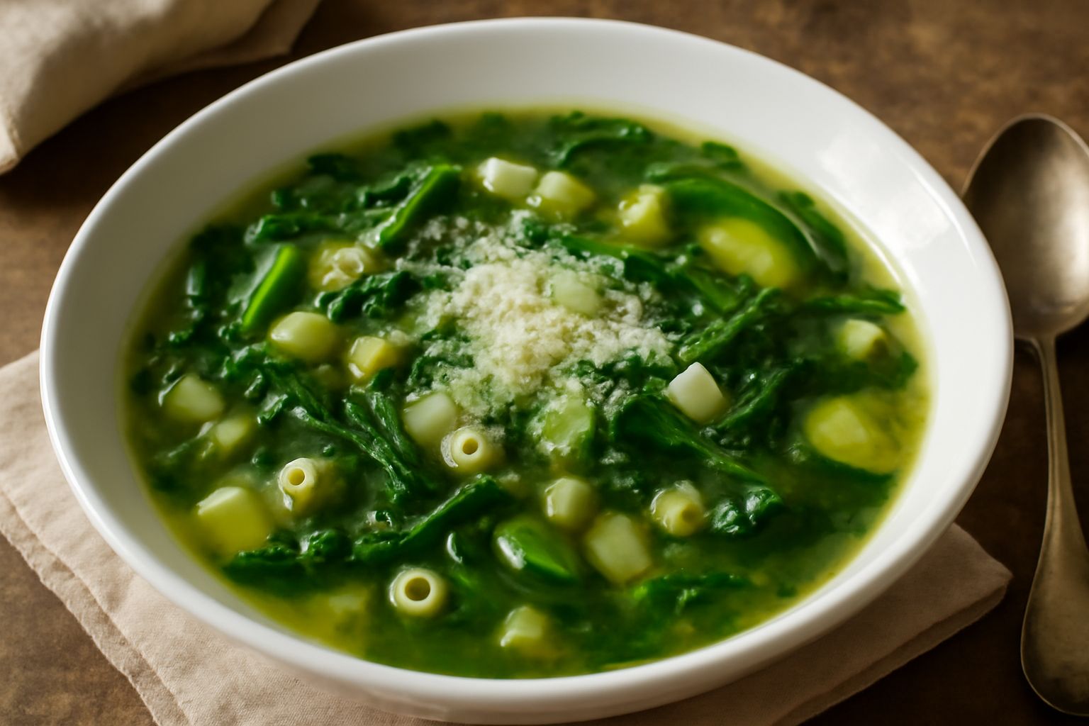 Una ciotola di minestra verde con spinaci, bietole e zucchine affettate sottili in brodo trasparente, con piccoli ditalini di pasta e scaglie di parmigiano grattugiato sulla superficie