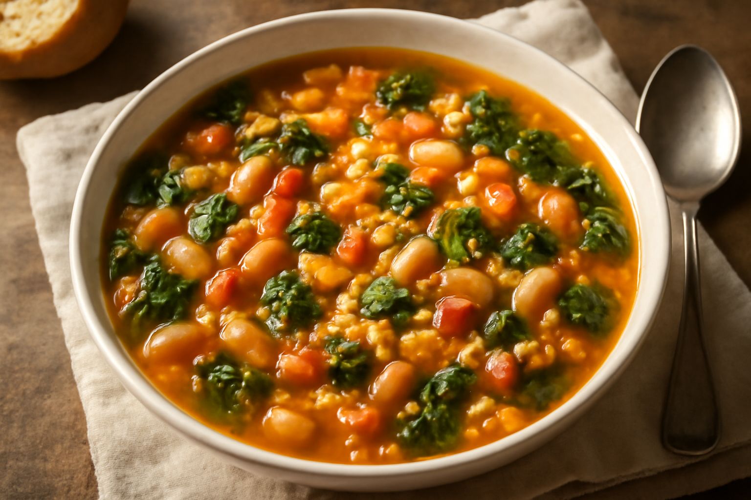 Una ciotola di minestrata con verdure di colore verde e arancione, fagioli bianchi, pasta corta in brodo trasparente, guarnita con prezzemolo fresco, su un piatto bianco