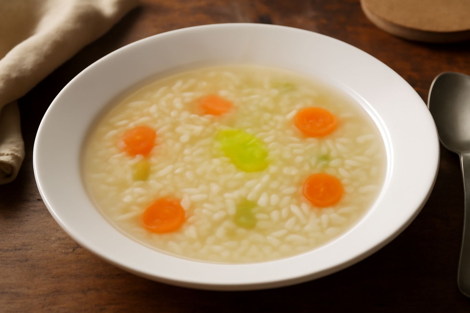 Ciotola di minestrina di riso bianca e cremosa con chicchi di riso visibili, verdure morbide, una spruzzata di olio verde in superficie, servita in piatto fondo bianco con cucchiaio