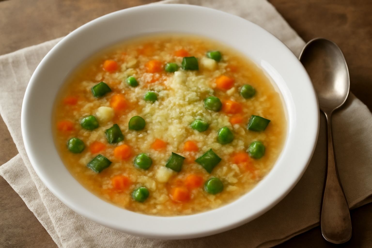 Ciotola bianca di ceramica con minestrina in brodo: pastina piccola, pezzetti di carota arancione, zucchina verde chiaro, qualche chicco di pisello, il tutto in brodo trasparente e leggermente dorato,