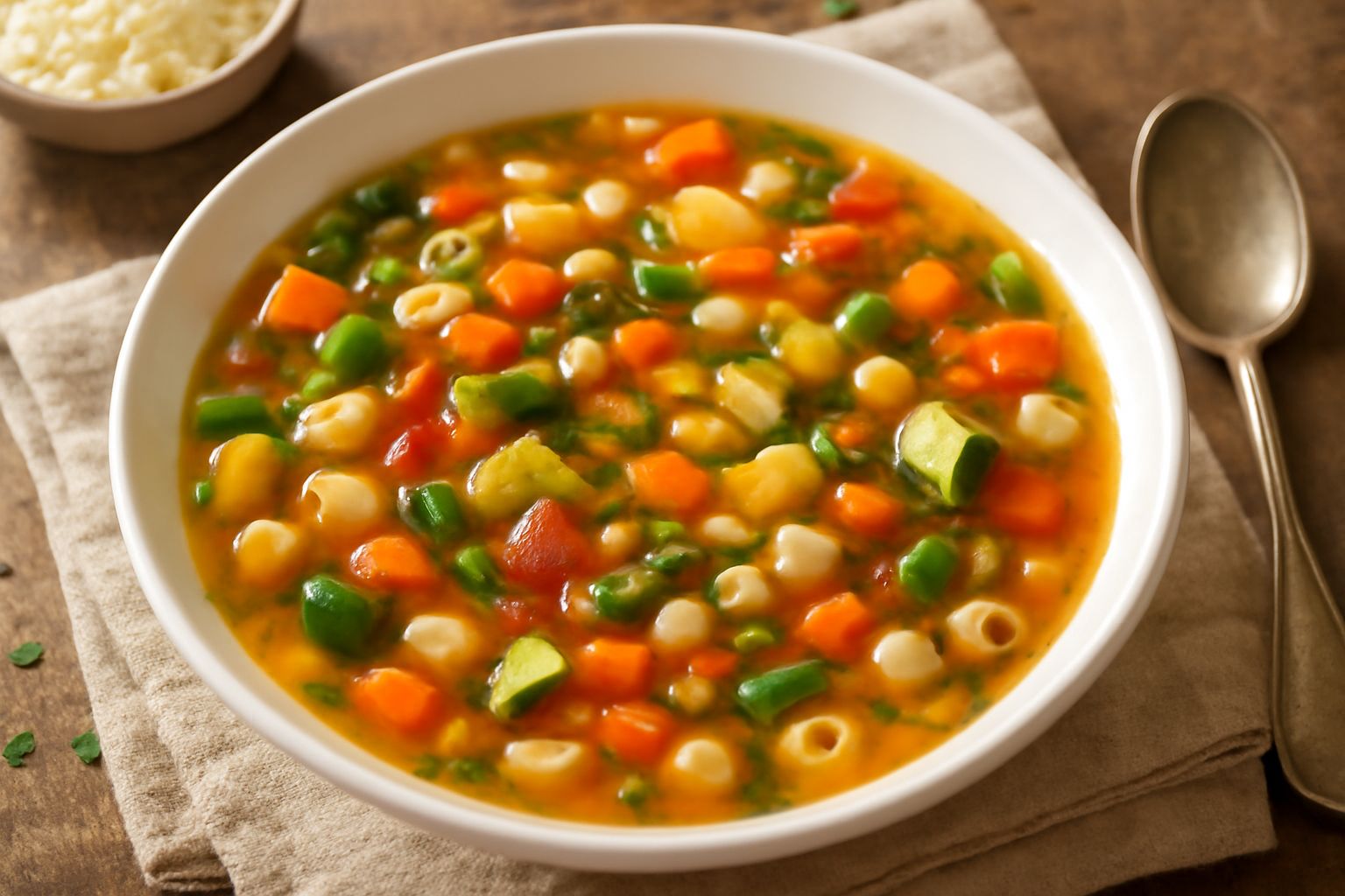 Una ciotola di minestrone fumante con verdure verdi, rosse e gialle ben visibili, pasta o riso distribuiti, olio verde a filo sulla superficie, servito in piatto bianco con cucchiaio di legno accanto