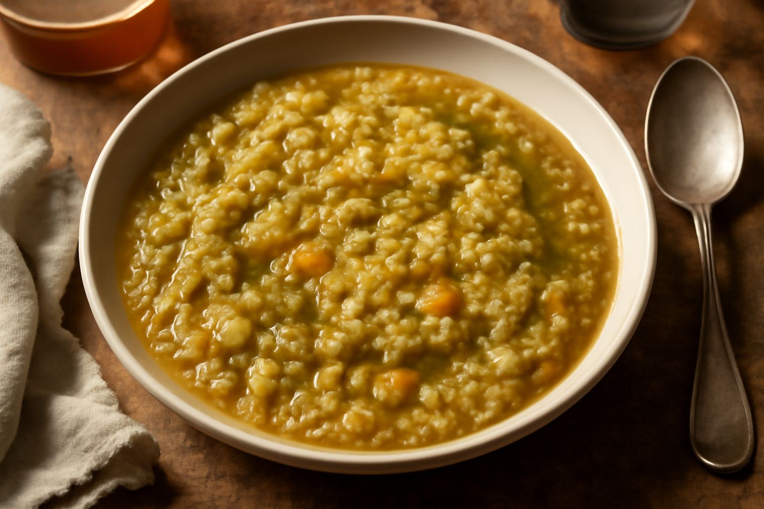 Minestrone bresciano in ciotola di ceramica bianca, verdure visibili (carote, sedano, cavolo), riso giallo in superficie, brodo trasparente, gocce di olio d'oliva, cucchiaio in legno sul bordo