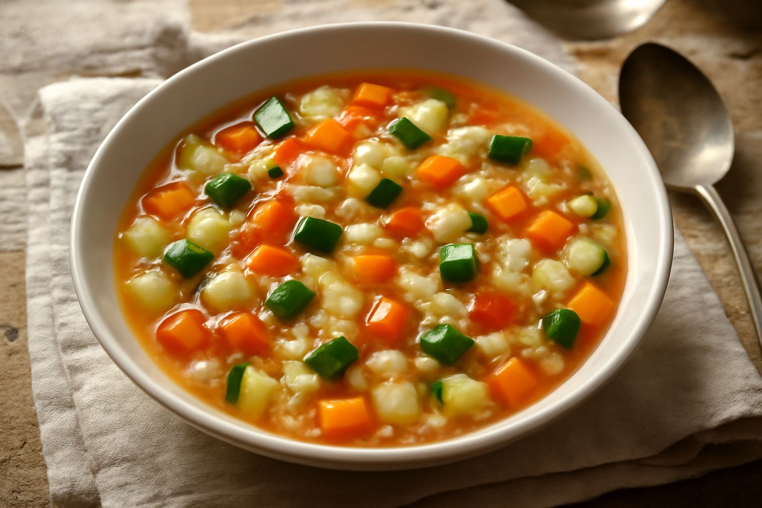 Minestrone alla ferrarese servito in una ciotola bianca fonda: brodo trasparente con verdure tagliate a dadini, chicchi di riso visibili, zucchine verdi, carote arancioni, pomodoro rosso, e una spolve