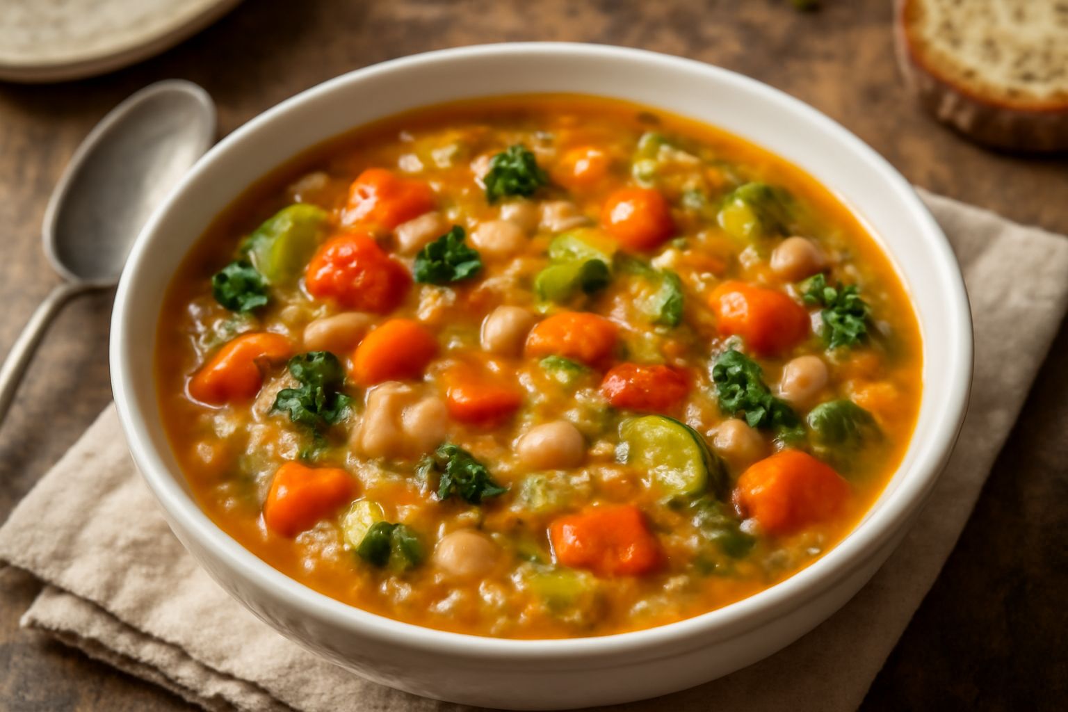 Minestrone alla lariana servito in una ciotola di ceramica bianca, con verdure visibili (carote arancioni, zucchine verdi, pomodori rossi), legumi bianchi e chicchi di riso, olio d'oliva in superficie